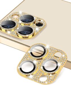 iPhone 13/13 Mini Uyumlu 9H Metal Elmas Desenli Taşlı Tek Parça Kamera Lens Koruyucu (Gold)