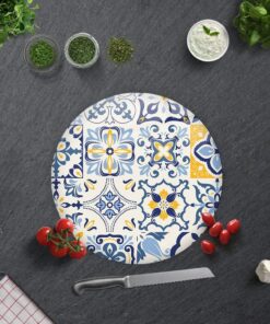 Mavi Çini Desen | Cam Kesme Tahtası (Çap32 cm)