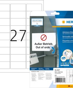 4347 Üniversal Etiket DIN A4 Çıkarılabilir, Küçük 63,5 x 29,6 mm, 25 Yaprak, Kağıt, Mat Kendinden Yapışkanlı, Yazdırılabilir, 675 Yapışkan Etiket, Beyaz