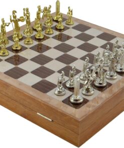 Orta Boy Metal Yunan Satranç Takımı Parlak ve Rustik Desenli Sandıklı MDF Tahtası (36x36x6 cm.)