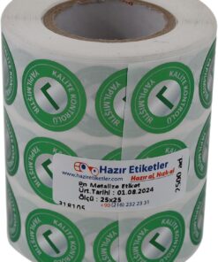 etiketler , hazır al hızlı al Metalize Kalite Kontrolü Yapılmıştır Etiketi 25mm Çap 2500 Adet Yan Yana 3 lü