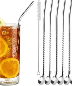 7'li Paslanmaz Çelik Kaşıklı Metal Pipet Seti 6 Adet Pipet ve Pipet Temizleme Fırçası Cam Pipet
