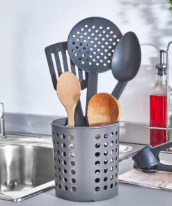 Silindir Kaşıklık Tezgah Üstü Servis Standı, Delikli Plastik Kaşıklık Siyah