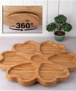 Bölmeli 25 cm Bambu Ahşap Döner Stantlı Servis Tabağı Kalp Şekilli Sunum Tepsisi Dönerli Bambu Ahşap Kahvaltılık Çerezlik