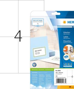 Kendinden Yapışkanlı Çok Amaçlı Etiketler, A4 Sayfa Başına 4 Etiket, Lazer ve Mürekkep Püskürtmeli Yazıcılar İçin 100 Etiket, Büyük, 105 x 148 mm (5063)