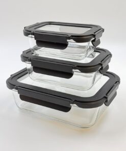 3'lü Contalı Cam Saklama Kabı Seti – 370 ml, 600 ml ve 1500 ml – Sızdırmaz Kilitli Kapak – Mikrodalga Fırın ve Bulaşık Makinesi Uyumlu – Gıda Saklama Kabı – Sağlıklı BPA İçermez (Siyah)