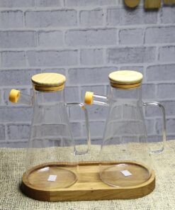2 li Standlı (Altlıklı) Bambu Kapaklı Borosilikat Cam Yağlık Ve Sirkelik, 900 ml lüks Yağdanlık
