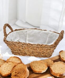 El Yapımı Doğal Hasır Kulplu Çok Amaçlı Dekoratif Dikdörtgen Sepet, Hasır Kulplu Ekmek Sepeti (27x18x8cm)