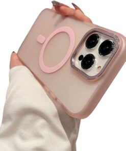 iPhone 14 ile Uyumlu Lüks Pc Mat MagSafe Kılıf, Metal Tuşlu Frosted Manyetik Silinebilir Sararmaz Kılıf (Pembe)