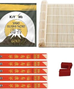 Sushi Ekipman Seti | 10 Yaprak Sushi Nori Yosunu, 100% Doğal Bambu Sushi Matı, 5 Çift Doğal Bambu Kılıflı Chopstick, 1 adet Chopstick Öğretici Aparat