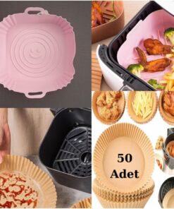 SİLİKON KARE PİŞİRME KABI PEMBE+50 ADET AİRFRYER TEK KULLANIMLIK PİŞİRME KAĞIDI XL-XXL TABAK