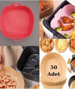 SİLİKON KARE PİŞİRME KABI KIRMIZI+50 ADET TEK KULLANIMLIK PİŞİRME KAĞIDI XL-XXL TABAK