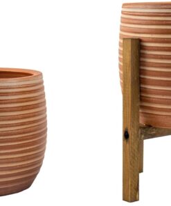 Tasarımı Ev Dekorasyon Yan Çizgi Desenli Terrakota Toprak Saksı Saksılık Salon Çiçeklik İkili Set Ayaksız - 4 Ayaklı- 15 Cm