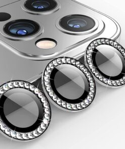 15 Pro/iPhone 15 Pro Max Elmas Taşlı Lens Koruyucu Premium Kalite ve Görünüm Gümüş Renk