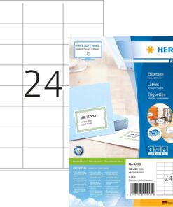 4453 Adres Etiketi, 100 Yaprak, 70 x 36 mm, A4 Yaprak Başına 24 Adet, 2400 Çıkartma, Kendinden Yapışkanlı, Yazdırılabilir, Lazer, Mürekkep Püskürtmeli yazıcı için