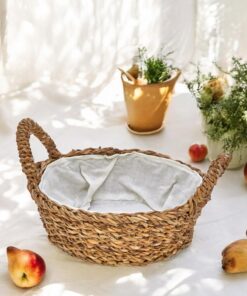 El Yapımı Doğal Hasır Kulplu Çok Amaçlı Dekoratif Yuvarlak Sepet, Hasır Kulplu Ekmek Sepeti (27x8cm)