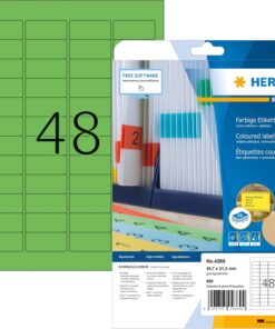4369 Renkli Etiket Yeşil Çıkarılabilir, 20 Yaprak, 45,7 x 21,2 mm, A4 Başına 48, 960 Adet, Kendinden Yapışkanlı, Yazdırılabilir, Mat, Boş Kağıt Renkli Etiket Çıkartma