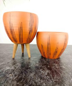 Tasarımı Ev Dekorasyon Siyah Çizgi Desenli Terrakota Toprak Saksı Saksılık Salon Çiçeklik İkili Set Ayaksız - 3 Ayaklı- 15 Cm