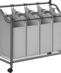 Tekerlekli Çamaşır Sepeti, 4 Çıkarılabilir Kumaş Cepli Çamaşır Ayırıcı, Çamaşır Toplayıcı, Oyuncaklar İçin Saklama Yeri, Ahır, 4 x 35 Litre, Gri Lsf005Gs