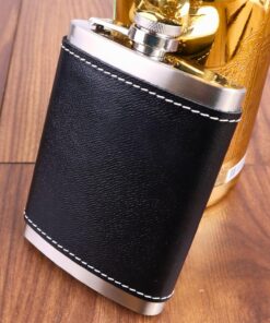 8 Oz 235 cc Hunili Siyah Hakiki Deri Kılıflı Çelik Viski İçki Matarası