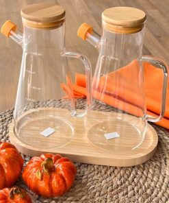 3'lü Yağdanlık Seti Borasilikat Bambu Kapaklı Yağlık Altlığı 900 Ml Ayçiçek Yağı Zeytin Yağı Şişesi