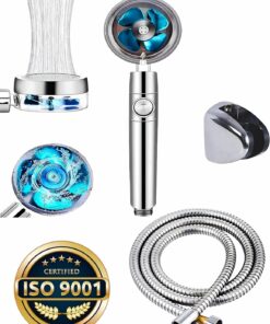 Silver Sapphire Turbo Pervaneli Duş Başlığı Yüksek Basınçlı Fıskiye Batarya Start/Stop Düğmeli Duş Hortumu 150 Cm Ve Mafsal Set Duş Başlığı Seti