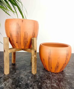 Tasarımı Ev Dekorasyon Siyah Çizgi Desenli Terrakota Toprak Saksı Saksılık Salon Çiçeklik İkili Set Ayaksız - 4 Ayaklı- 15 Cm