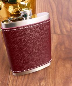 8 Oz 235 cc Hunili Kızıl Kahverengi Hakiki Deri Kılıflı Çelik Viski İçki Matarası