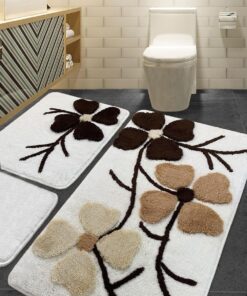 Kır Çiçeği Bej 3lü Set Klozet Takımı, Banyo Paspas Seti Halısı