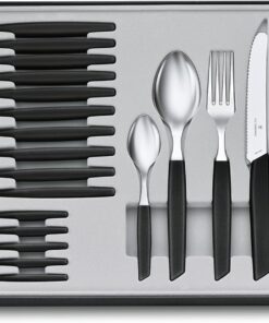 Swiss modern çatal bıçak takımı, 24 parça, plastik saplı, keskin tırtıklı bıçaklar, paslanmaz çelik bıçaklar, siyah, Classic