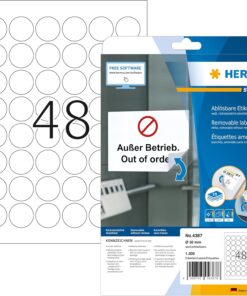 4387 Üniversal Etiket DIN A4 Çıkarılabilir 30 mm, 25 Yaprak, Kağıt, Mat, Yuvarlak, Çıkarılabilir ve Tekrar Yapışan Adres Çıkartması, 1.200 Yapışkan Etiket, Beyaz