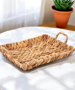 El Yapımı Su Sümbülü Hasır Kulplu Dekoratif Tepsi Büyük Boy (32cm*25cm*4cm)