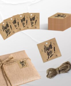 Thank You Kraft Paketleme Etiketleri - 100 Adet Kraft Etiket Jut İple Birlikte - 4,5 * 4,5 cm Ölçülerinde Kare Formunda
