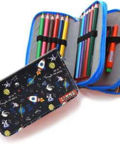 Kalem Kutusu Astronot Uzay Galaksi Kawai Organizer kalemkutu Vegan Deri Üç Bölmeli Kalemlik -Mavi