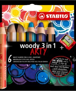 woody 3'ü 1 arada ARTY - Renkli Kalem, Sulu Boya ve Mum Boya Tebeşiri - 6'lı Paket - Çeşitli Renkler ve Kalemtıraş