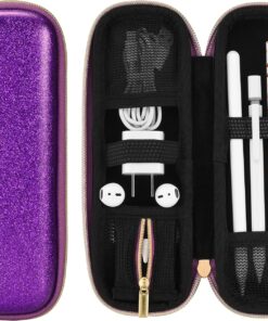 Apple Pencil için Kalem Tutucu Kalem Kutusu, Kalem Aksesuarları Elastik Kayış Kol Koruyucu Taşıma Çantası USB Kablosu AirPods File Cepli AirPods, Mor Glitter