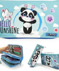 Kalem Kutusu Panda Kawai Organizer Kalemkutu Vegan Deri Üç Bölmeli Kalemlik-Mavi
