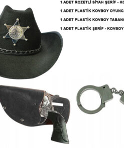 Çocuk Boy Siyah Şerif-Kovboy Şapka Tabanca Rozet ve Kelepçe Seti 4 Parça