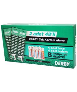 DERBY TEK BIÇAK KARTELALI JİLET 96 PARÇA 4 KALEM 4 İNCE PİL HEDİYELİ