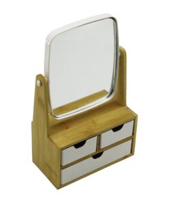 3 ÇEKMECELİ BAMBU AHŞAP STANDLI=9X9.5X18X21.5CM MAKYAJ AYNASI=15X18CM TAKILIK 2+1 ORGANİZER