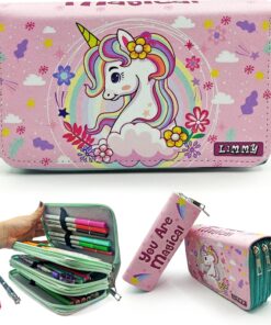 Kalem Kutusu Unicorn Bahar Temalı Kawai Organizer Kalemkutu Vegan Deri Üç Bölmeli Kalemlik- Yeşil, Limmy