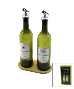2 PCS   YEŞİL CAM  YAĞDANLIK ŞİŞE  750ML   AHŞAP BAMBU ALTLIK   PLASTİK KİLİTLİ KAPAK
